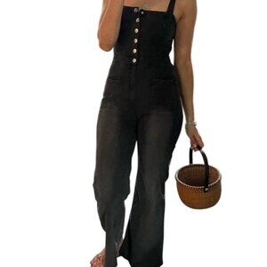 Chasor XS Adjustable Strap Black Wide-Leg Jumpsuit Button Front Casual